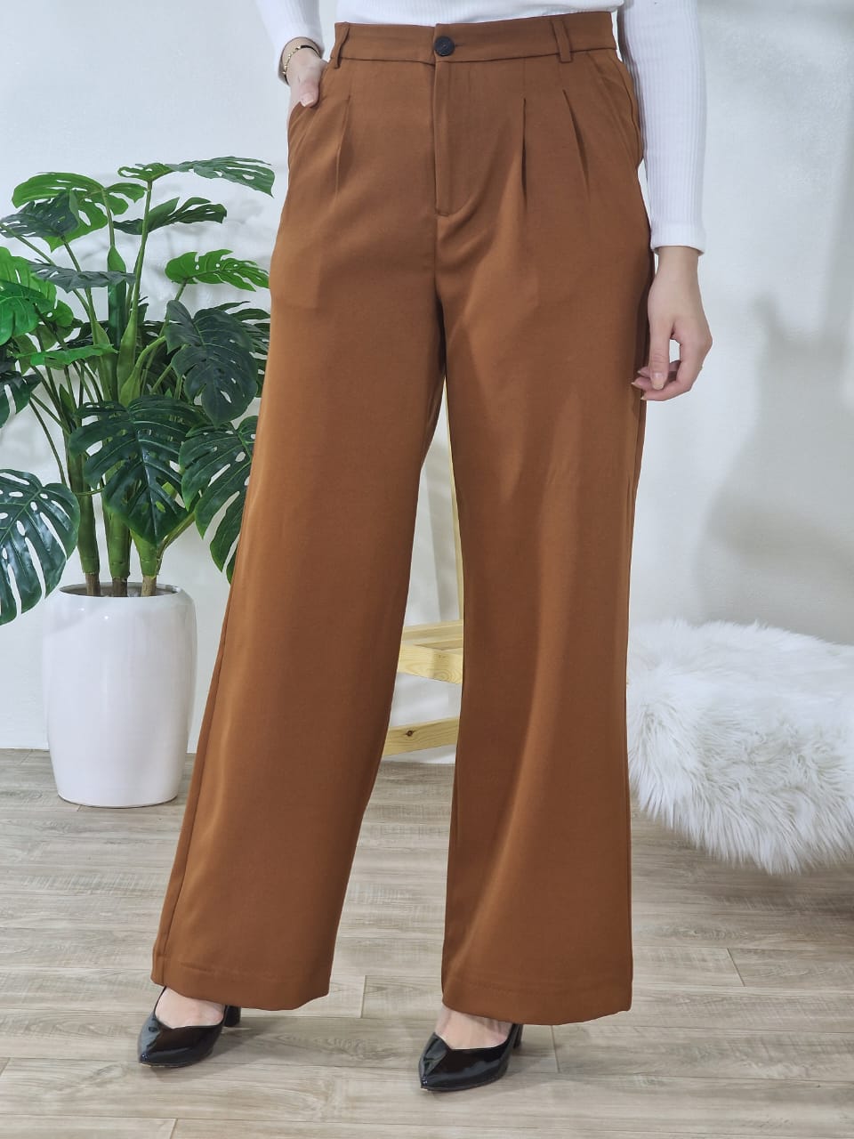 Pantalon large Classique -Marron-
